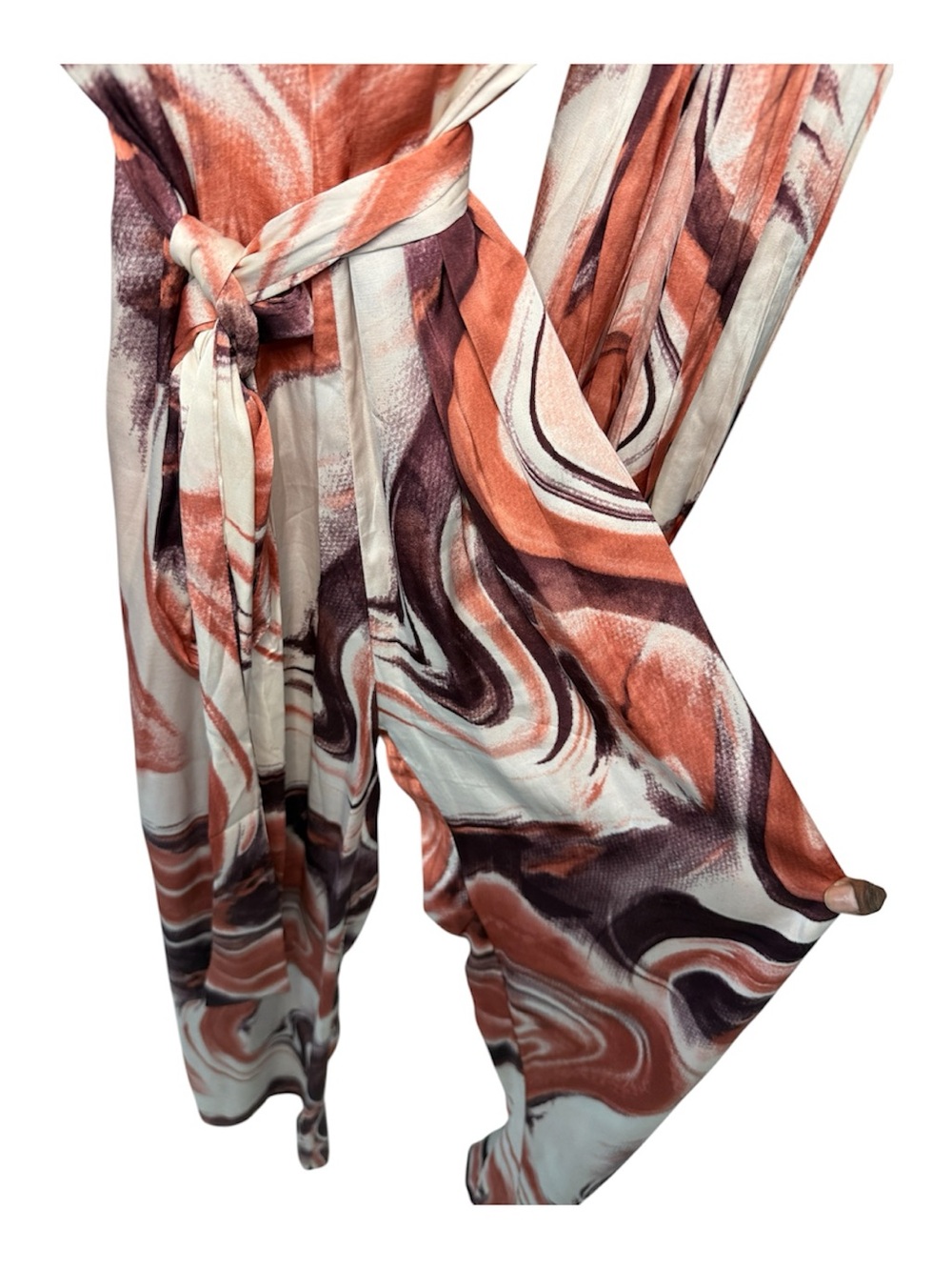 Marble-Print Wide-Leg Jumpsuit in Rust & Plum with Self-Tie Waist